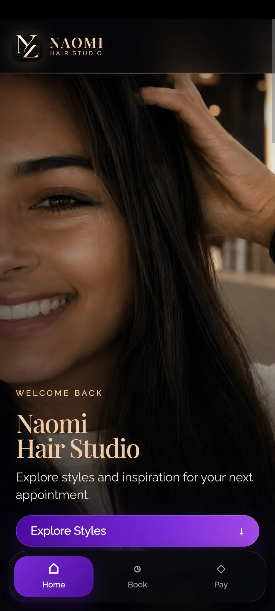 Installed Naomi Hair Studio on-device home experience