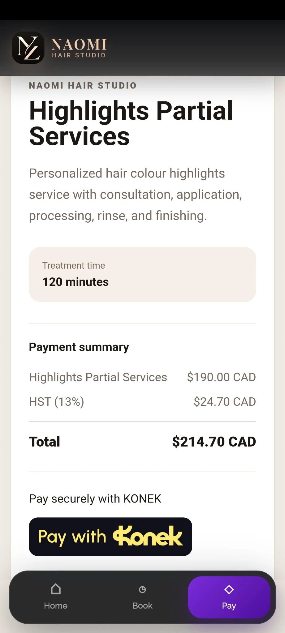 Naomi customer checkout showing service, tax, total and KONEK payment option