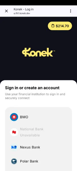 KONEK sign-in screen offering participating financial institutions