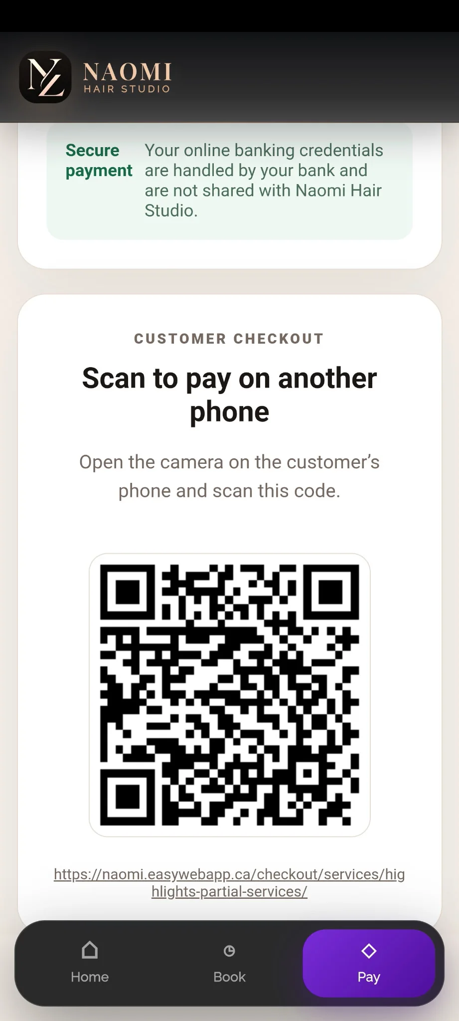 Naomi merchant screen presenting a QR code for customer checkout